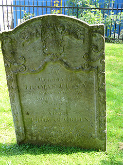 Thomas Green probably erected 1850. East side of the churchyard. In  /  Memory of  / Thomas Green  /  who departed this life  /  August 26th 1811  / Aged 77 Years  /  Also ..........